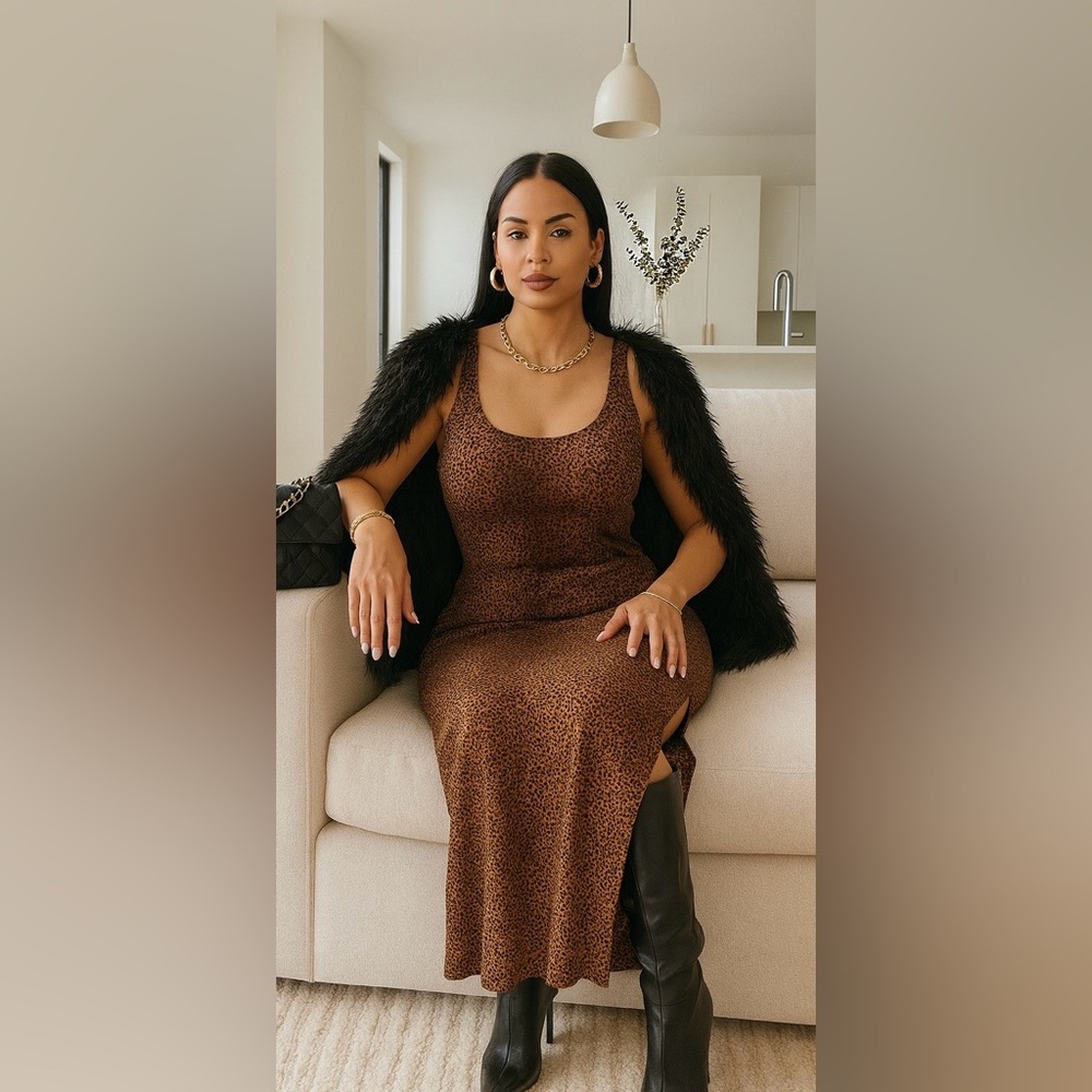 Sleek Leopard Animal Print Hennes Dress in Chic Neutral Brown with Slit